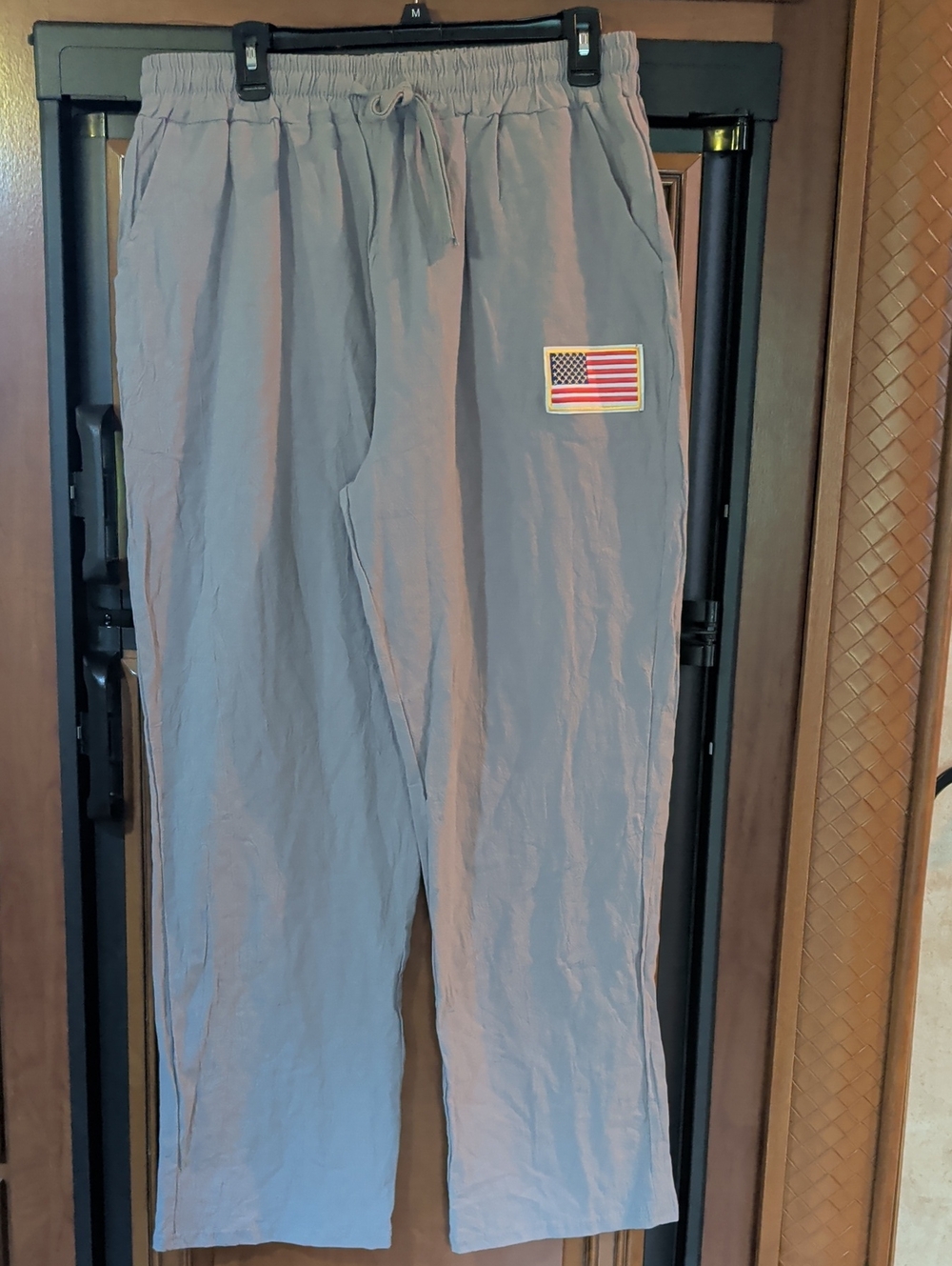 Light Gray Wide Leg Linen Blend Drawstring Pants with Flag Patch